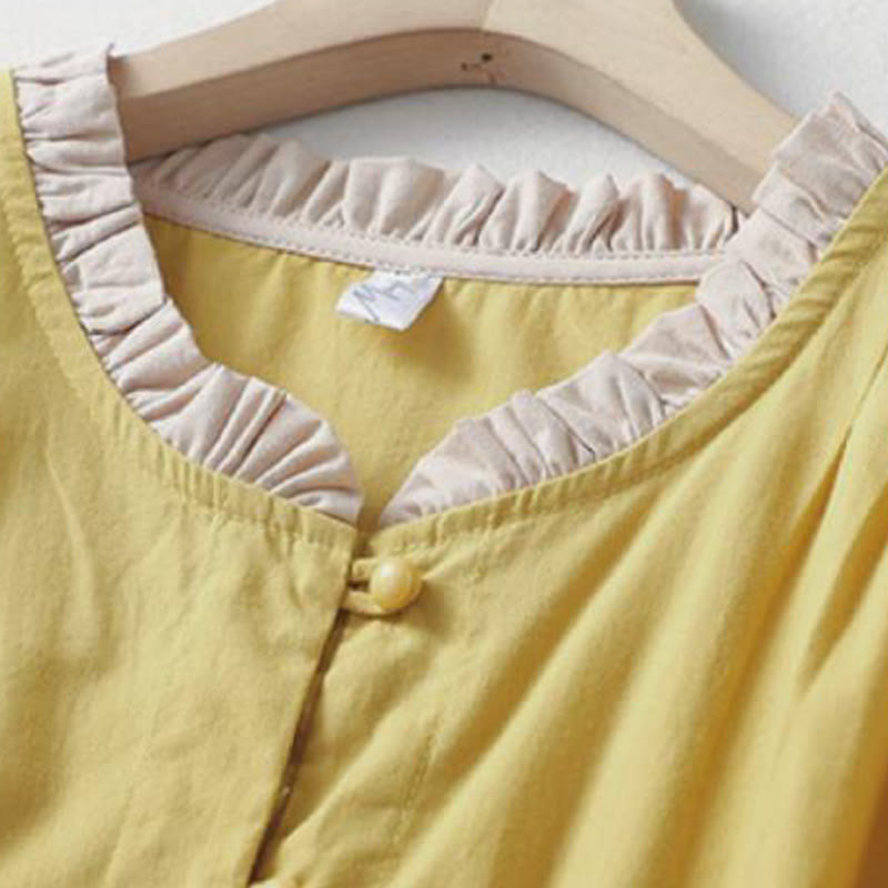 Casual Plain Frog-Button Women's Ruffle Collar Design Half Sleeve Cotton Linen Shirt