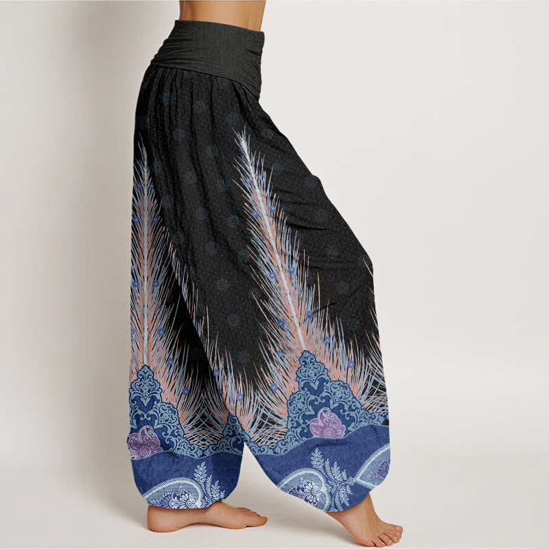 Feather Pattern Design Women's Elastic Waist Harem Pants