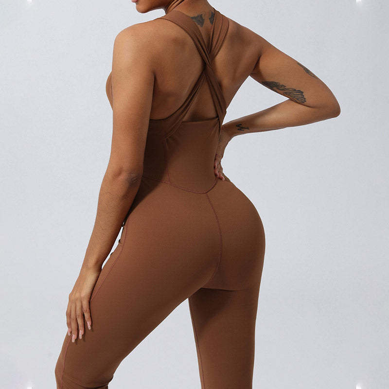 Women Workout Crisscross Sleeveless Flare Jumpsuit Sports Fitness Yoga Bodysuit