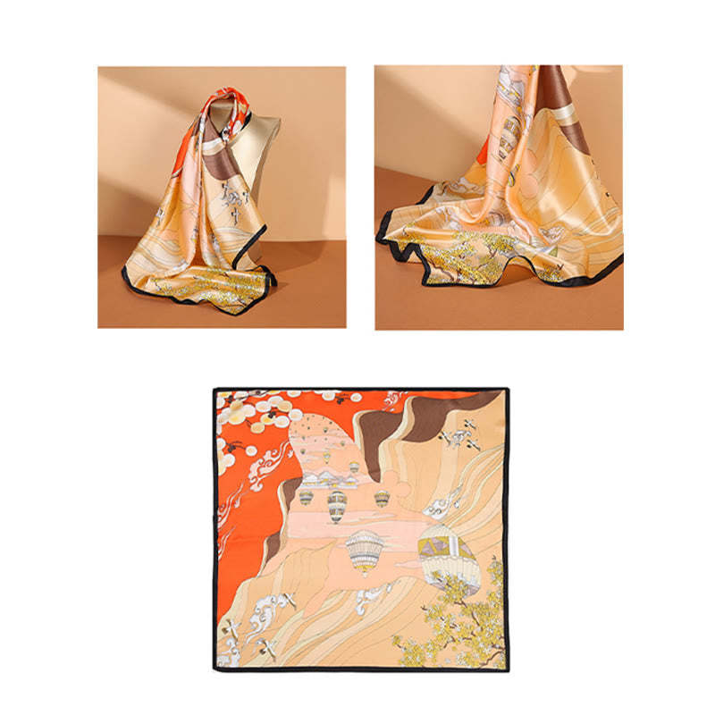 Pastoral Scene Hot Air Balloon Spring Blossom 100% Mulberry Silk Neck Hair Scarf