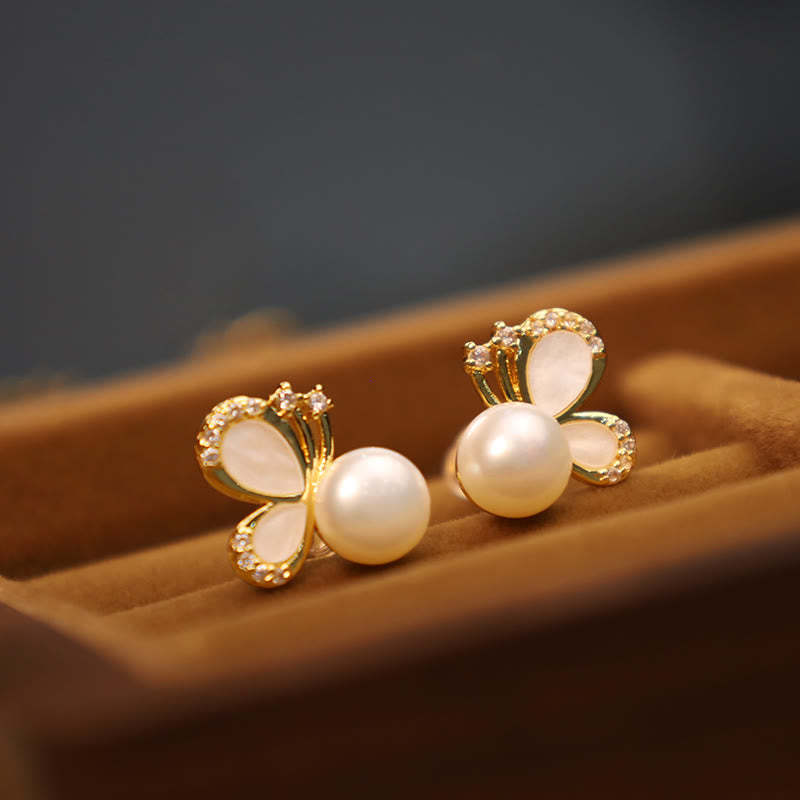 925 Sterling Silver Posts 18K Gold Plated Copper Natural Pearl Butterfly Zircon Healing Stud Earrings