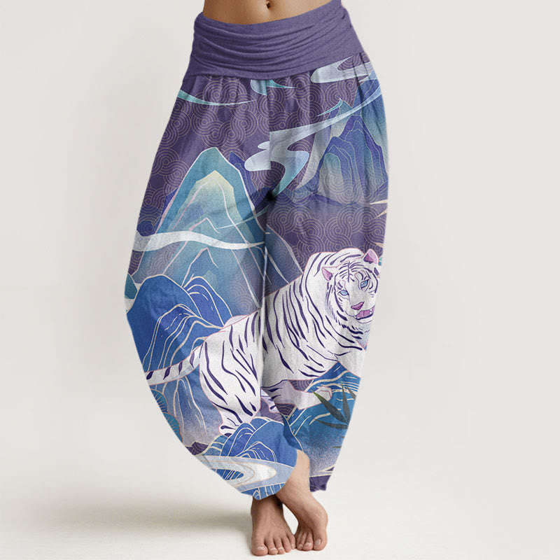 Casual White Tiger Mountain Waves Women's Elastic Waist Harem Pants