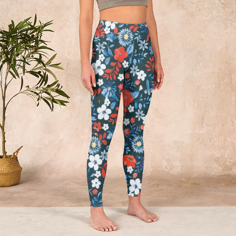 Red White Flower Dandelion Print Gym Fitness Leggings Women's Yoga Pants