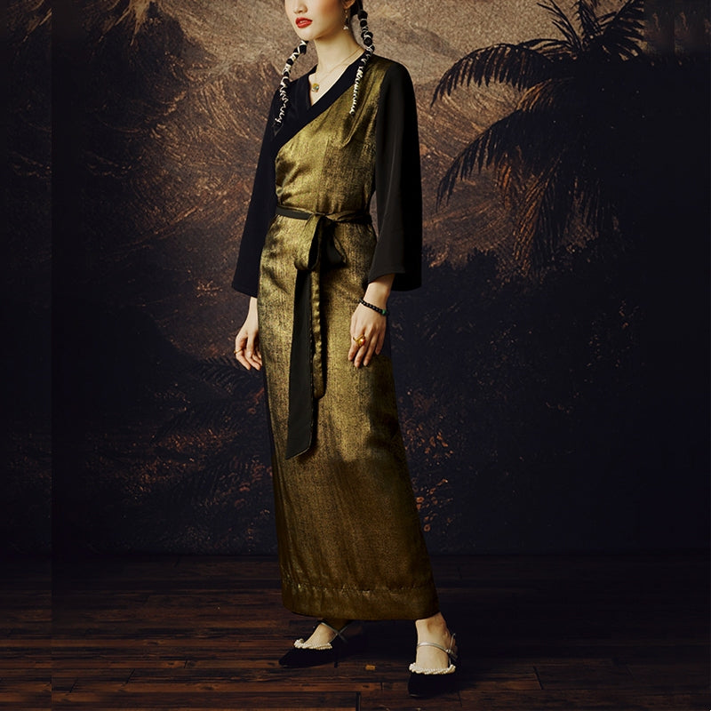Tibetan Dress Clothing Lhasa Gold Black Long Wrap Dress Maxi Dress Women Clothing