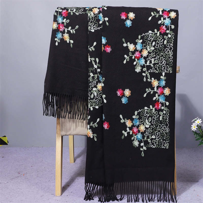 Rayon Fabric Shawl Colorful Small Flowers Embroidery Tassel Winter Cozy Travel Scarf Wrap