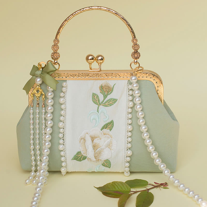 Double-sided Flowers Embroidery Pearl Pendant Metal Chain Crossbody Bag Handbags