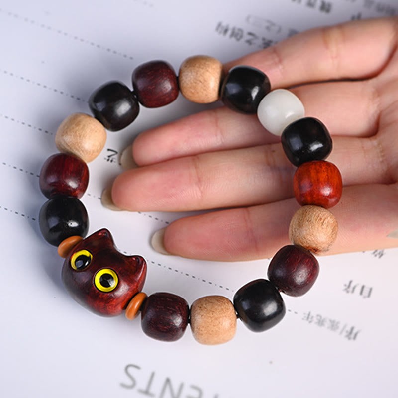 Small Leaf Red Sandalwood Ebony Wood Cute Cat Engraved Protection Bracelet