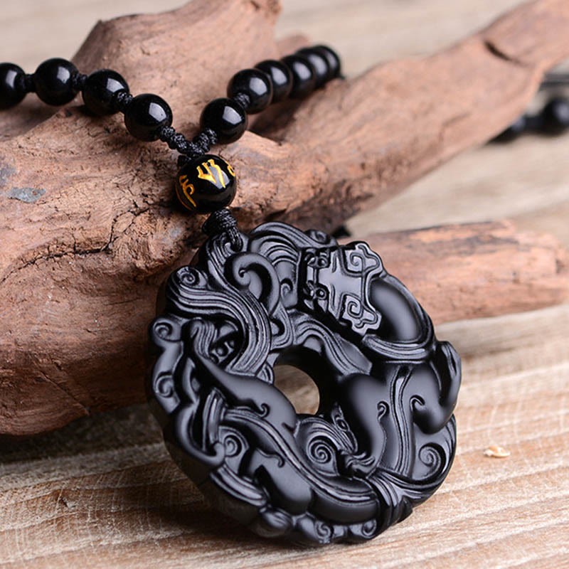 Natural Black Obsidian Peace Buckle Pixiu Purification Necklace Pendant