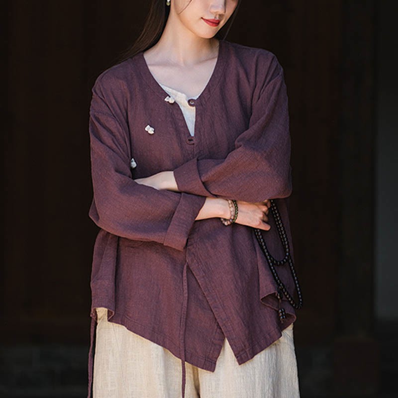 Solid Color Ramie Linen Loose Blouse Long Sleeve Shirt Chinese Hanfu Top