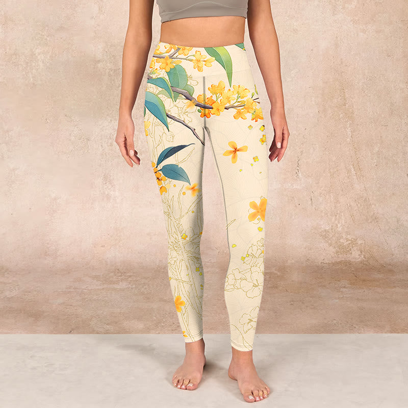 Yellow Osmanthus Fragrans Rapeseed Print Gym Leggings Women's Yoga Pants
