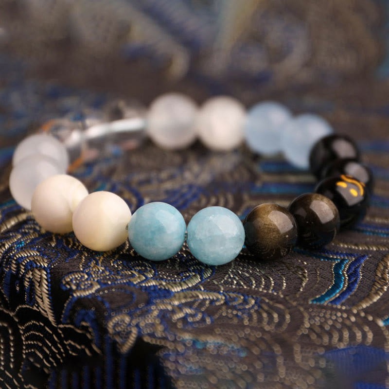 Five Elements Various Agate Crystal Black Onyx Green Chalcedony Aquamarine Wisdom Bracelet