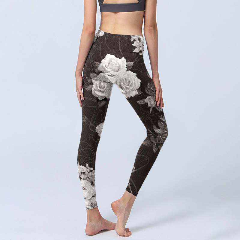 Gray White Rose Print Gym Fitness Leggings Women's Yoga Pants