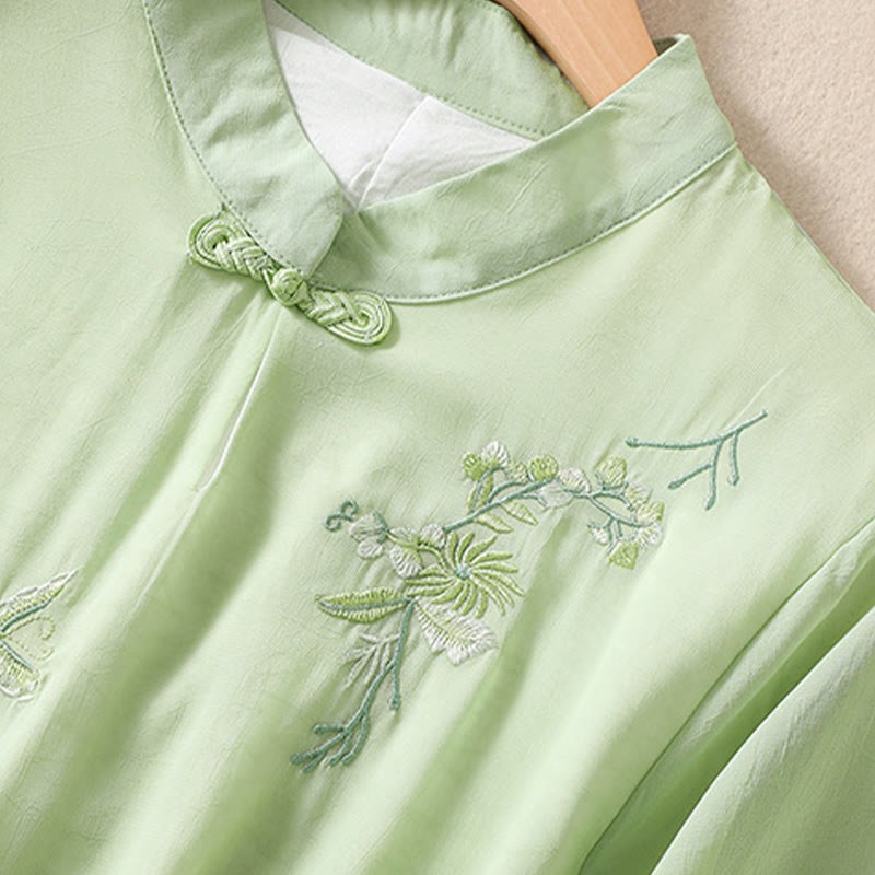 Embroidery Plants Flower Half Sleeve Plain Frog-Button Stand Collar Women's Shirt
