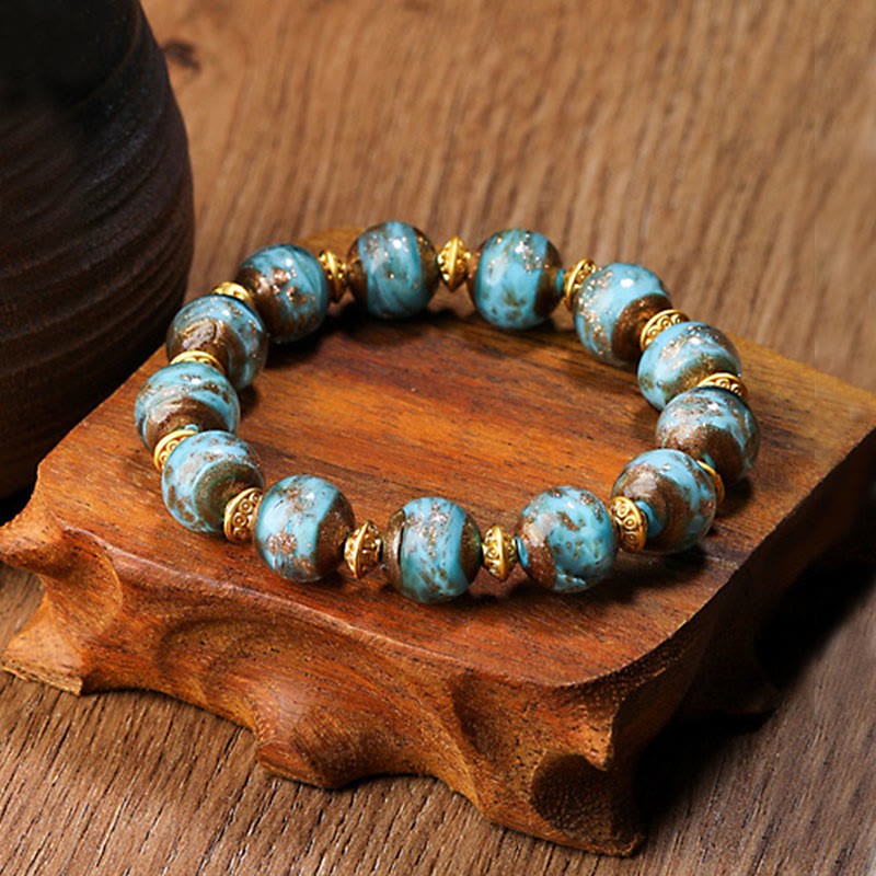 Gold Swallowing Beast Family Charm Liuli Glass Bead Fortune Bracelet