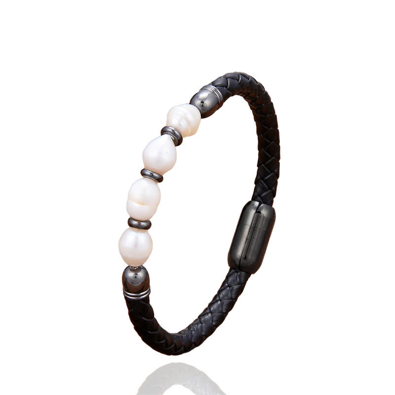 Handmade Irregular Shaped Pearls Healing Leather Titanium Steel Buckle Bracelet