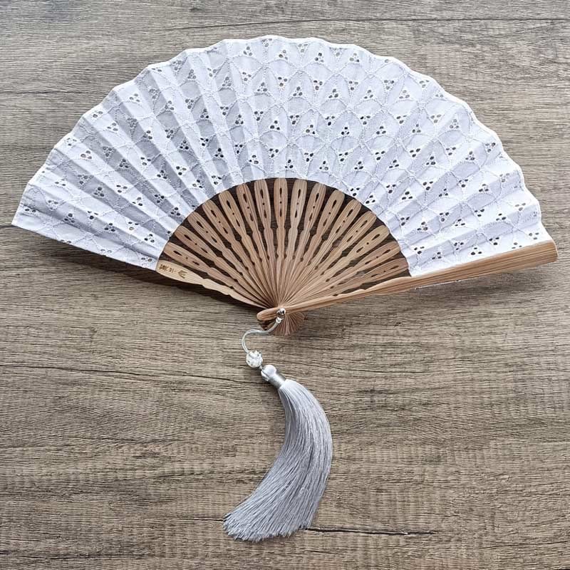 Solid Color Hollow Flowers Embroidery Cotton Fabric Handheld Bamboo Folding Fan