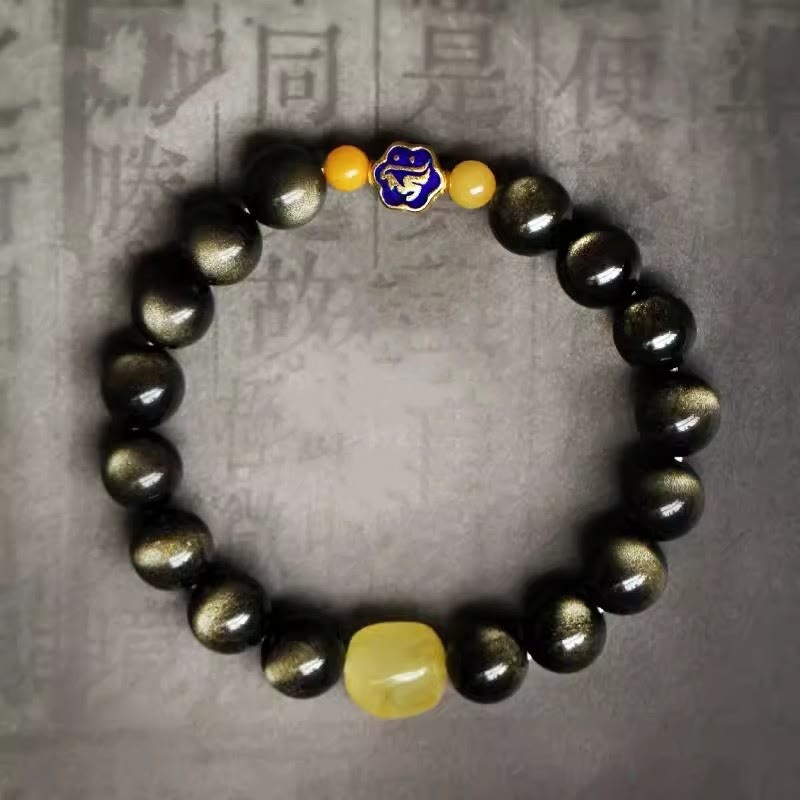 925 Sterling Silver Chinese Zodiac Natal mystic zen Natural Gold Sheen Obsidian Amber Wealth Protection Bracelet