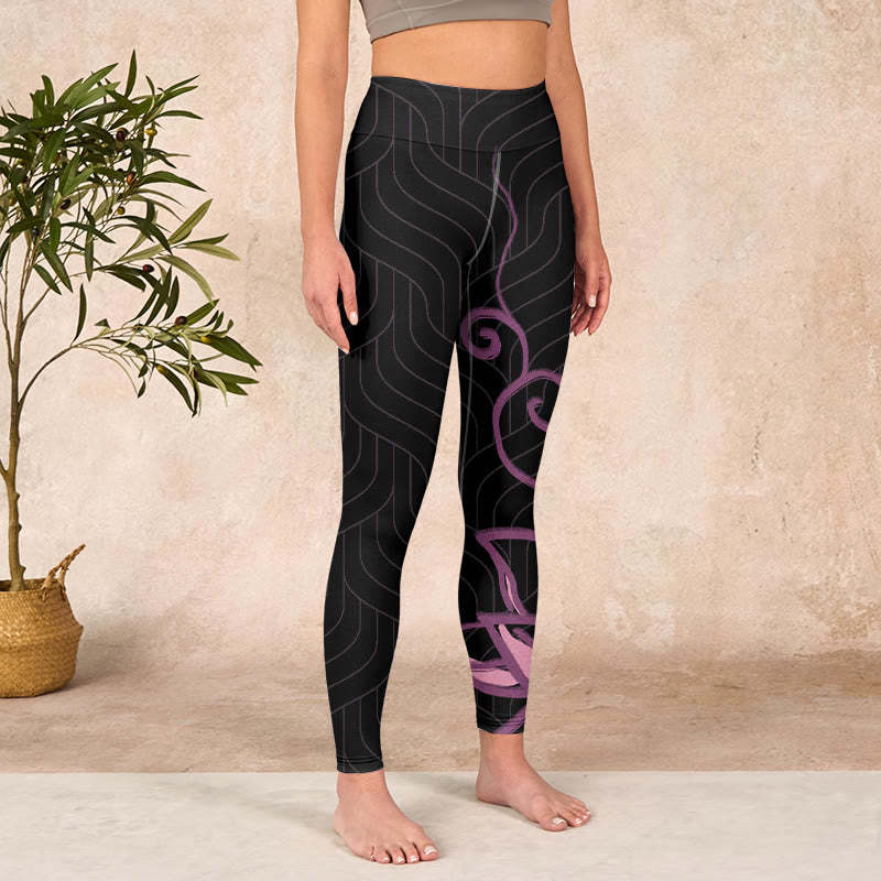 Black Pink Lotus Flower Print Gym Leggings Women's Yoga Pants