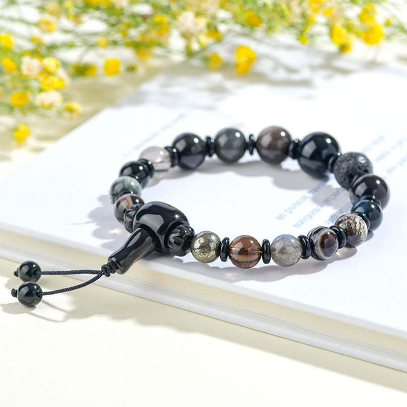 Five Elements Various Crystal Black Obsidian Wealth Wisdom Bracelet