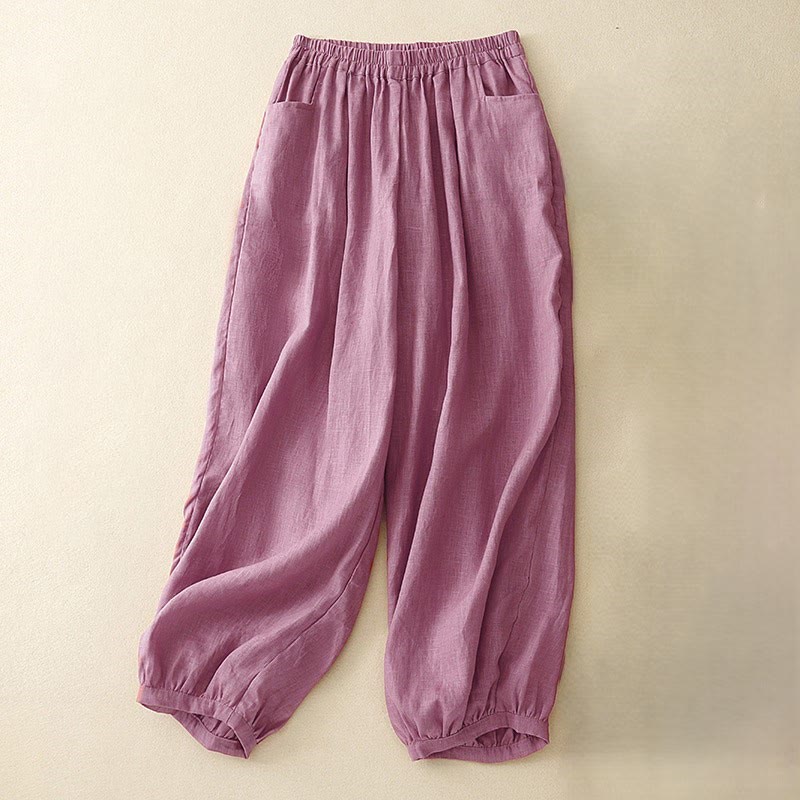 Casual Plain Solid Color Linen Women's Pants With Pockets