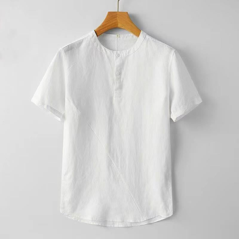 Solid Color Short Sleeve Two Top Buttons Cotton Linen Men's Shirt