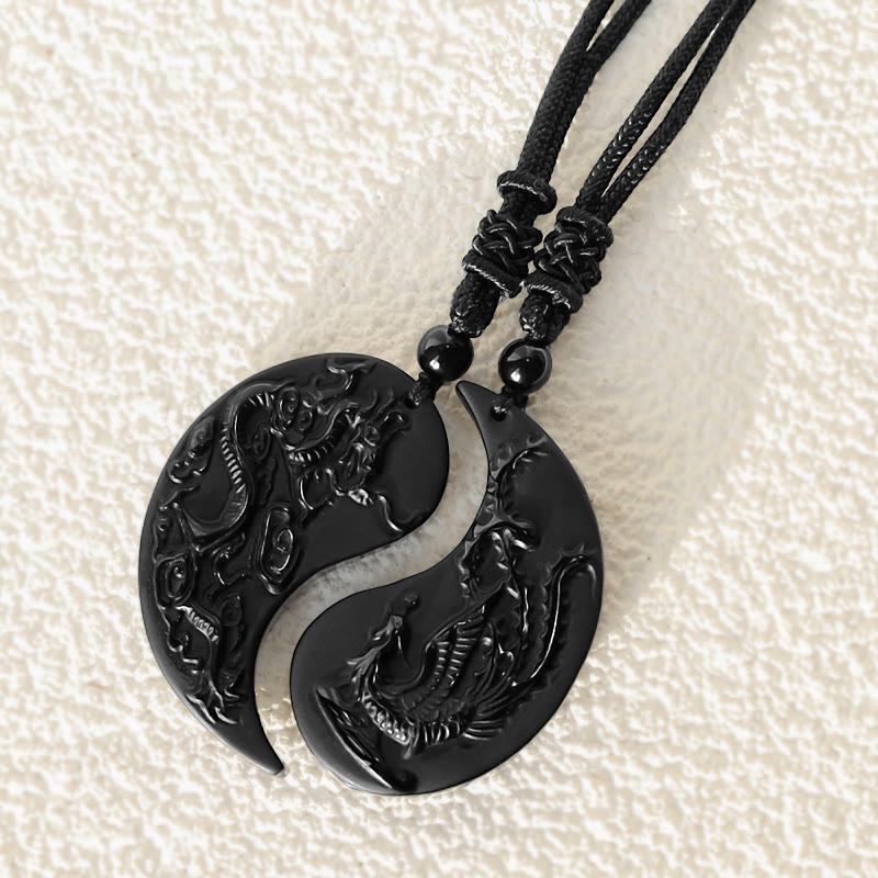 Black Obsidian Yin Yang Dragon Phoenix Luck Necklace Pendant