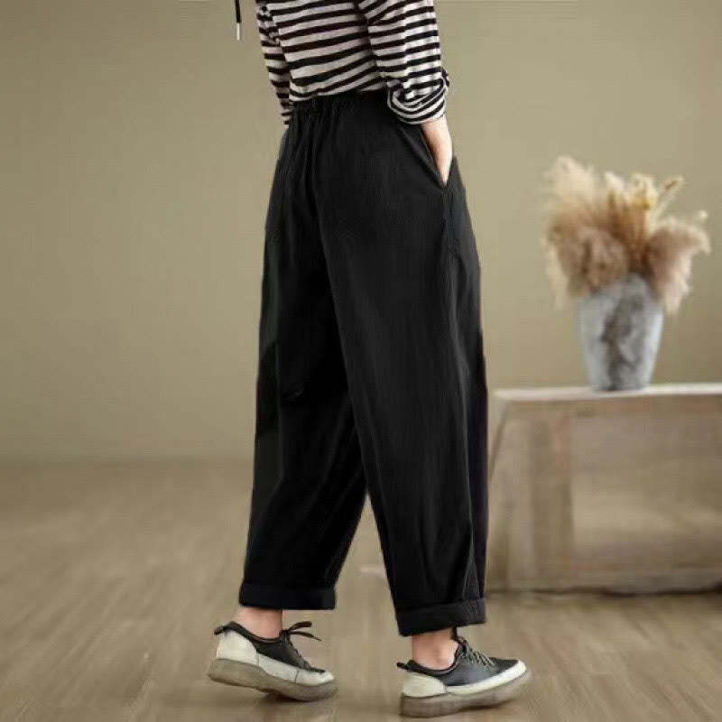 Casual Solid Color One Top Button Elastic Waistband Cotton Linen Women's Pants With Pockets