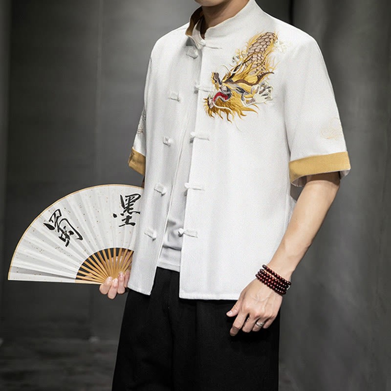 Frog-Button Chinese Dragon Auspicious Cloud Embroidery Half Sleeve Shirt Cotton Linen Men Clothing