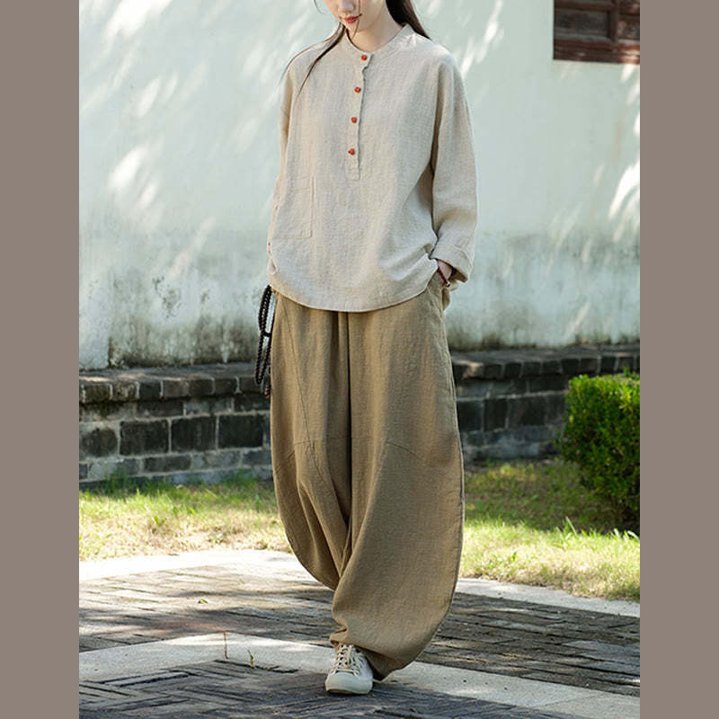 Solid Color Loose Button Blouse Long Sleeve Shirt Top