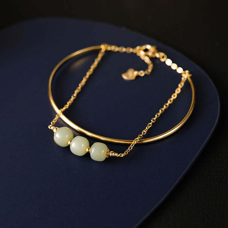 Copper Plated Gold Hetian Jade Bead Luck Double Layer Bracelet Bangle