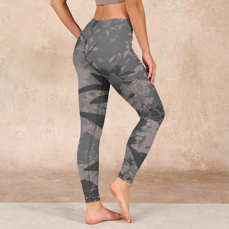Gray Leaves Print Gym Leggings Women's Yoga Pants