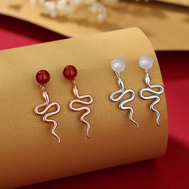 925 Sterling Silver Red Agate Chalcedony Year Of The Snake Blessing Earrings