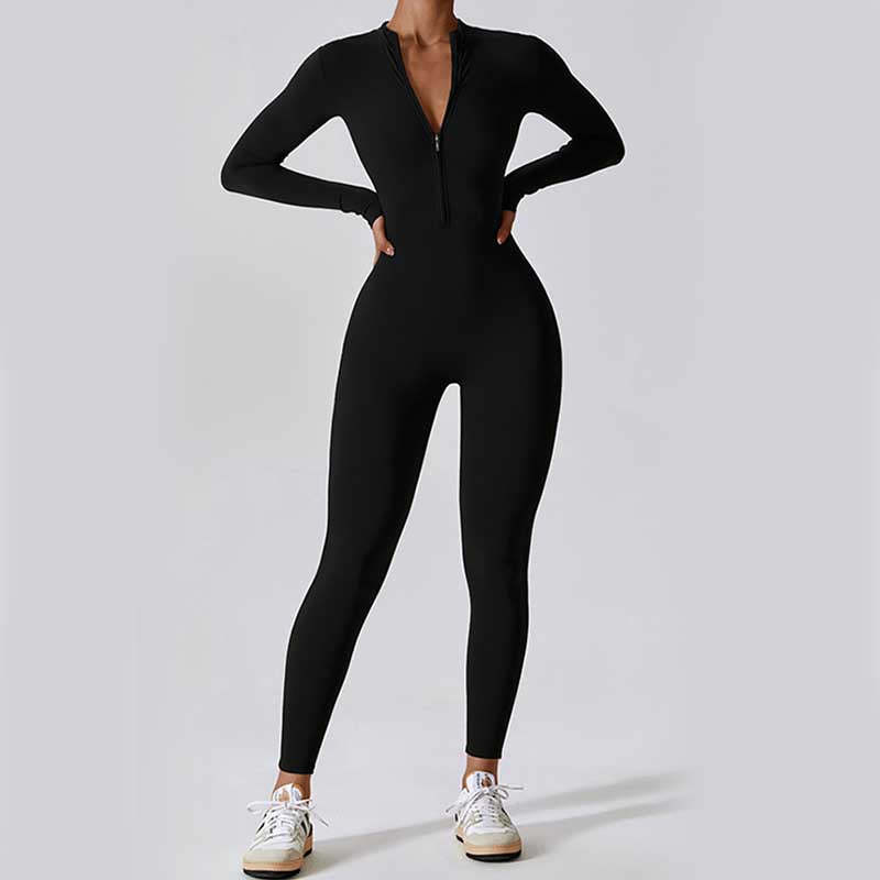 Women Zipper Long Sleeve Shapewear Jumpsuit Sports Fitness Yoga Bodysuit