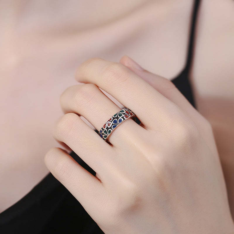 Colorful Plum Blossoms Design Healing Copper Adjustable Ring