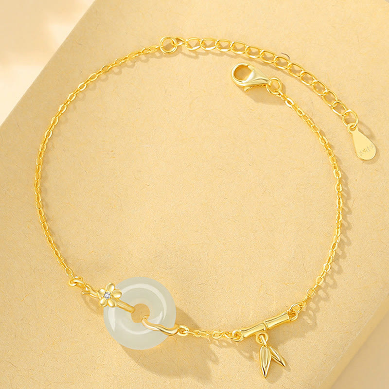 925 Sterling Silver Hetian Jade Chalcedony Peace Buckle Bamboo Leaf Prosperity Chain Bracelet