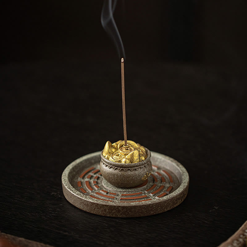 Small Treasure Bowl Lucky Bag Bagua Tray Healing Ceramic Stick Incense Burner Decoration