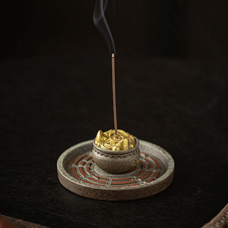 Small Treasure Bowl Lucky Bag Bagua Tray Healing Ceramic Stick Incense Burner Decoration