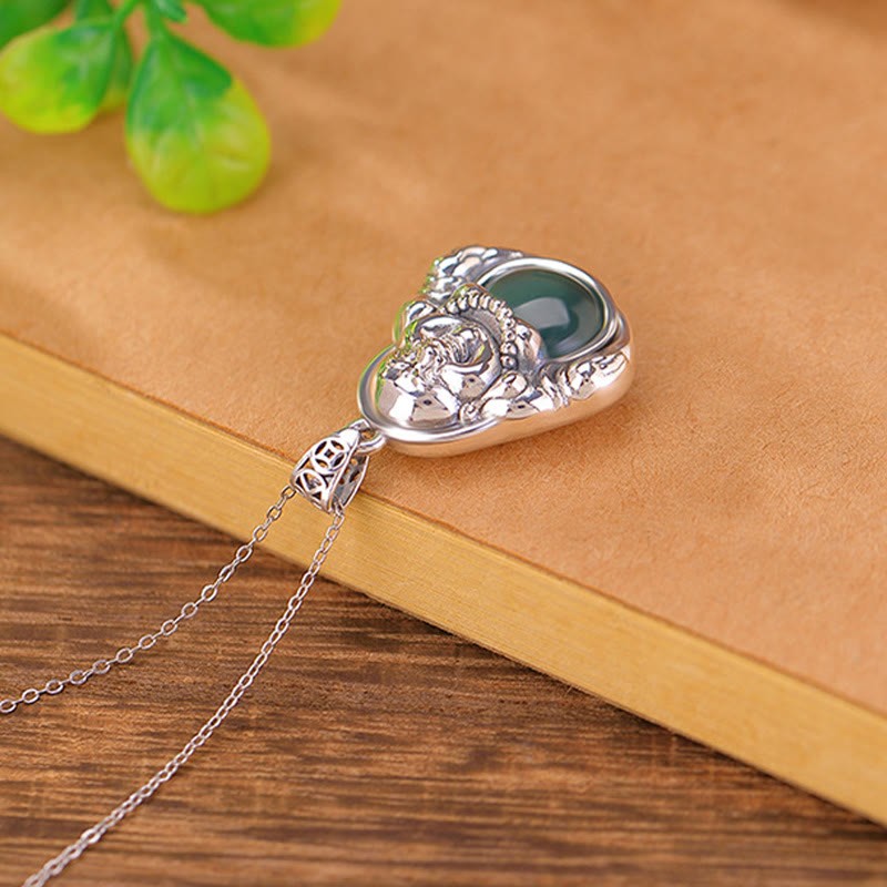 999 Sterling Silver Laughing mystic zen Cyan Jade Lotus Success Necklace Chain Pendant