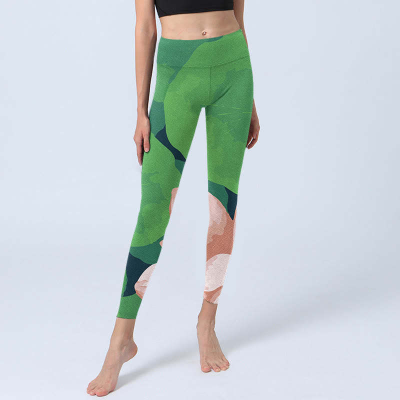 Green Lotus Flower Leaf Print Sports Fitness Leggings Women's Yoga Pants