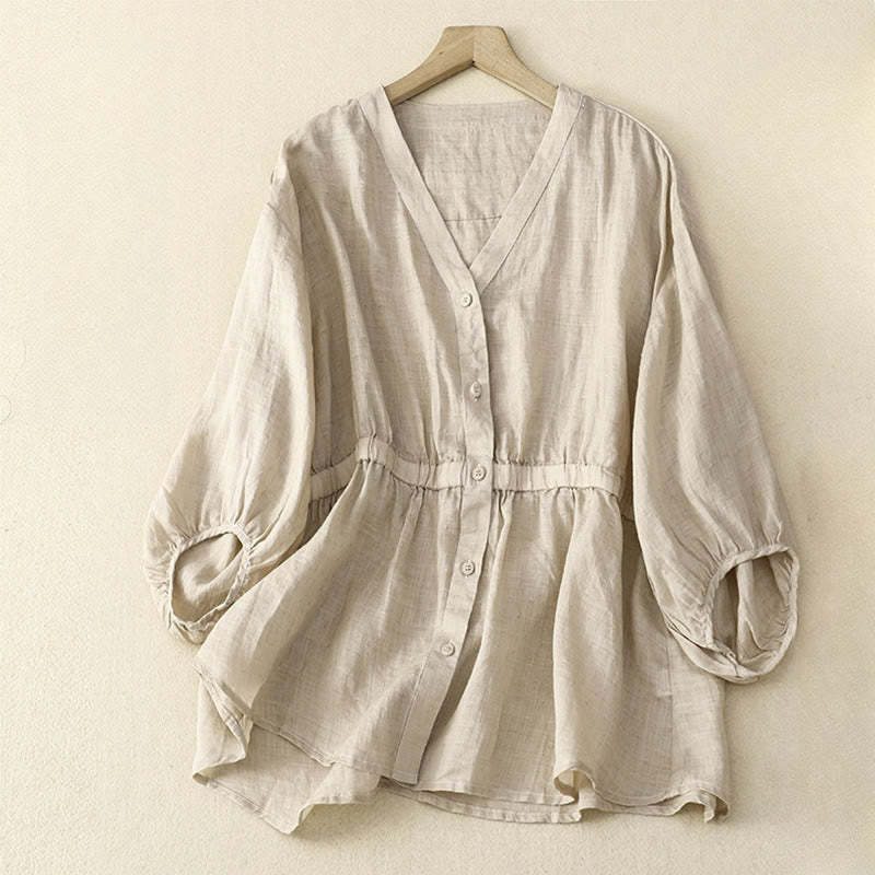 Spring Plain Button Half Puff Sleeve Waisted V-Neck Cotton Linen Women's Shirt