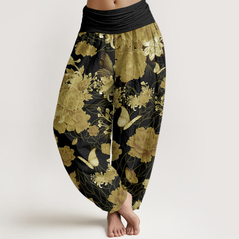 Peony Flowers Pattern Women's Elastic Waist Harem Pants
