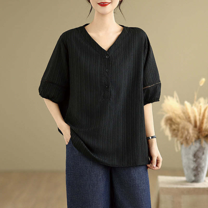 Summer Casual Pure Half Puff Sleeve Half Button V-neck Women's T-Shirt