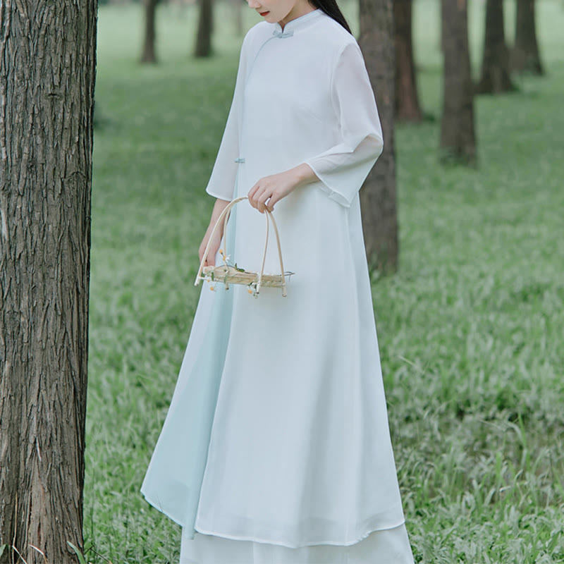 Three Quarter Sleeve Chiffon Cheongsam Midi Dress Wide Leg Pants Meditation Zen Practice Clothing