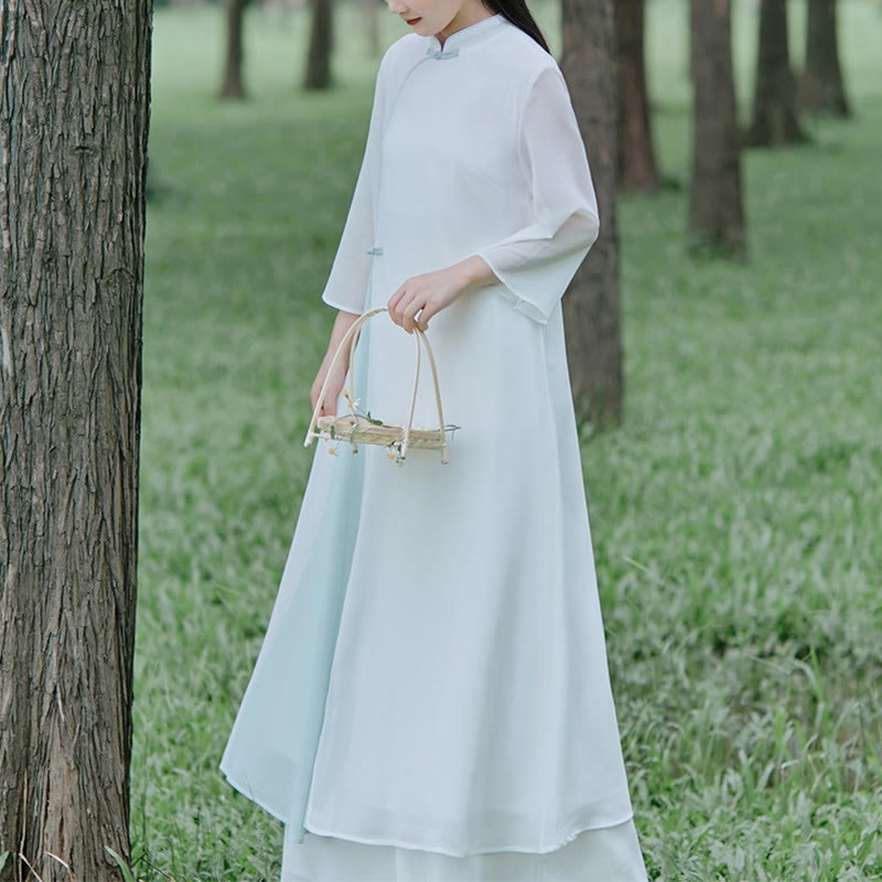 Three Quarter Sleeve Chiffon Cheongsam Midi Dress Wide Leg Pants Meditation Zen Practice Clothing