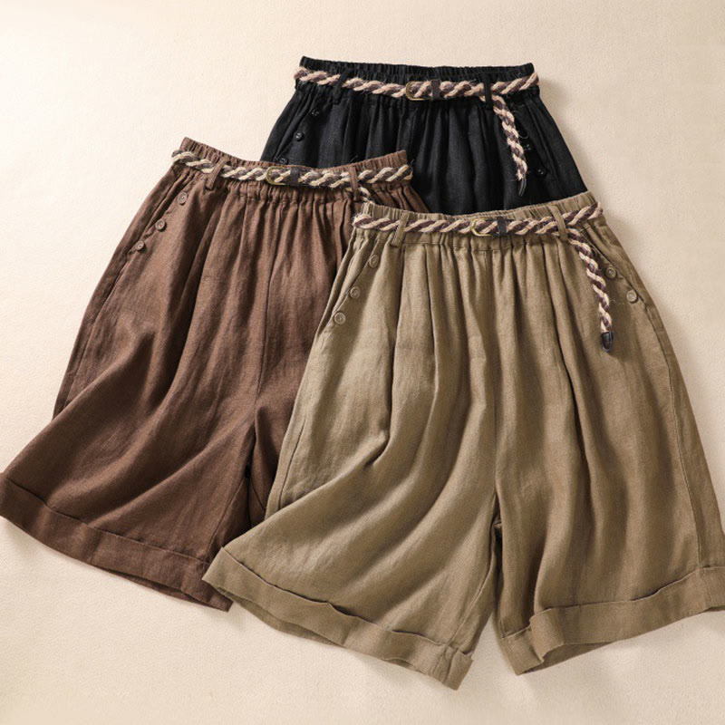 Casual Solid Color Turn Up Cuff Belt Cotton Linen Women's Shorts With Pockets