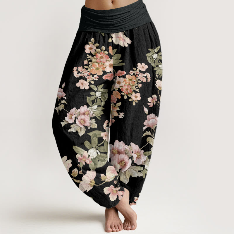 Pink Pale Orange Flowers Design Women's Elastic Waist Harem Pants