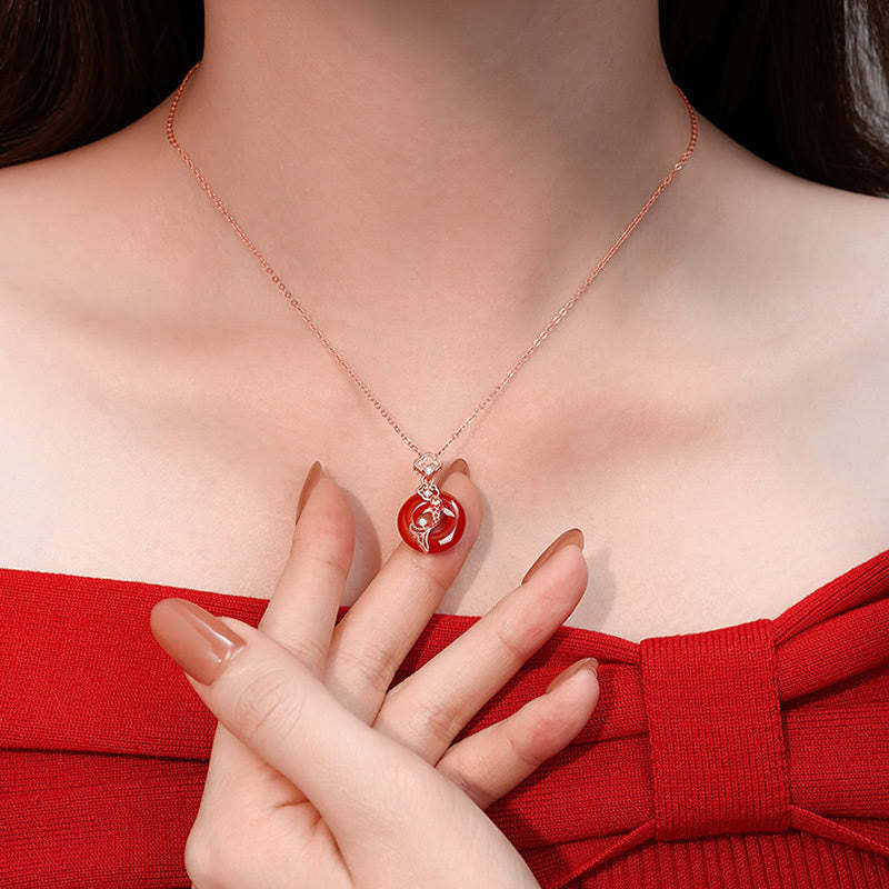 Red Agate 925 Sterling Silver Ruyi Lock Koi Fish Peace Buckle Calm Necklace Pendant