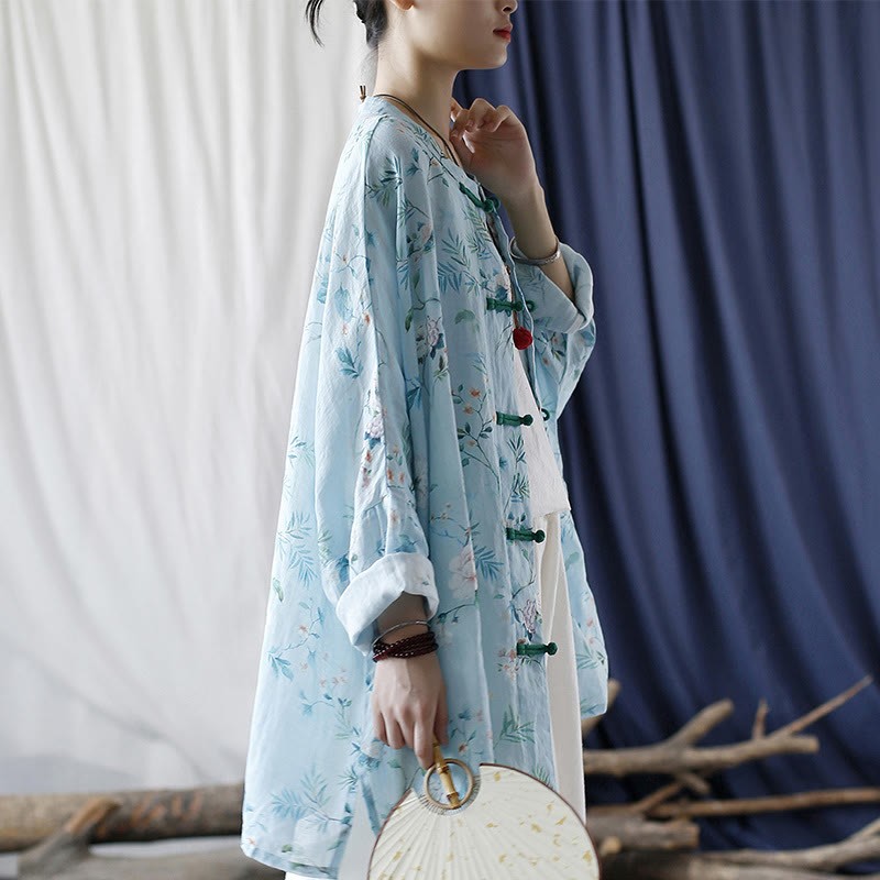 Light Green Pink Flowers Green Leaves Frog-Button Long Sleeve Ramie Linen Jacket Shirt