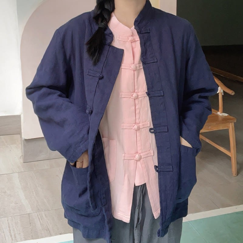 Solid Color Frog-button Long Sleeve Cotton Linen Women's Shirts With Pockets