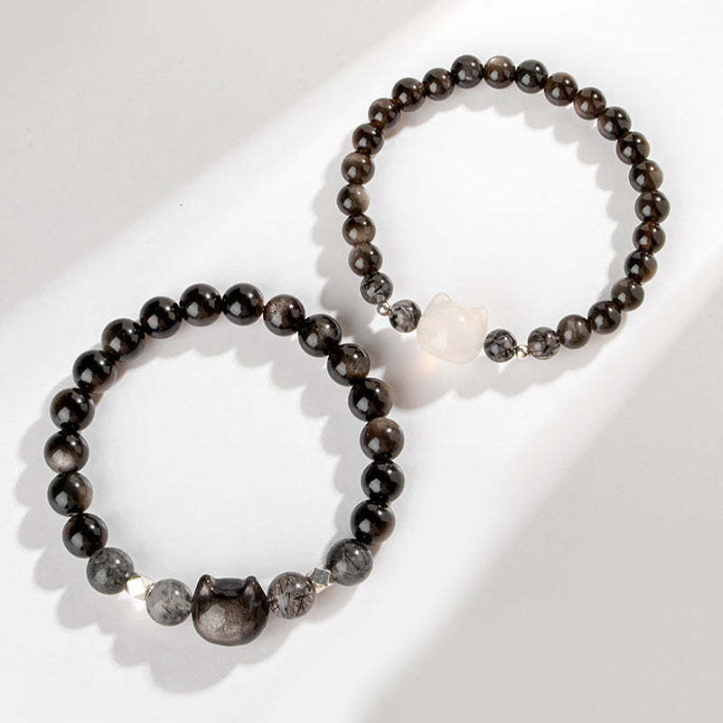 Natural Silver Sheen Obsidian Cute Cat Head Protection Bracelet